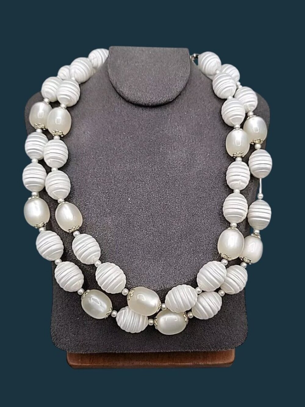 Japan Vintage Lucite Necklace Double Strand Iridescent Ribbed White Beads 17"